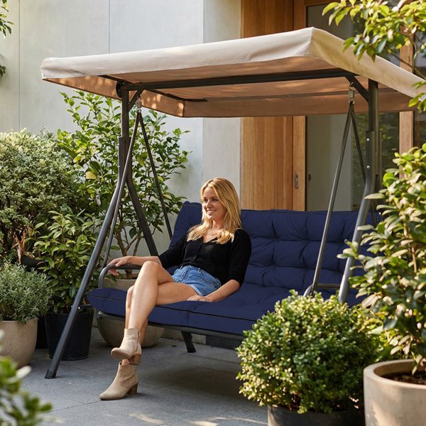 Outdoor Swing Cushions 55 Inch,Waterproof 4in Thick Porch Swing Cushion Replacement With Backrest And Ties,Comfortable 2-3 Seat Pation Swing Pad For Backyard,Garden,Lawn,Outdoor Furniture Dark Blue - Image 5
