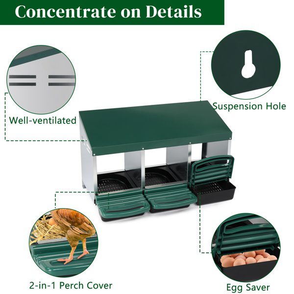 3 Compartment Roll Out Chicken Nesting Box With Plastic Basket, Egg Nest Box Chicken Laying Box Hens Chicken Coop Box, Green - Image 2