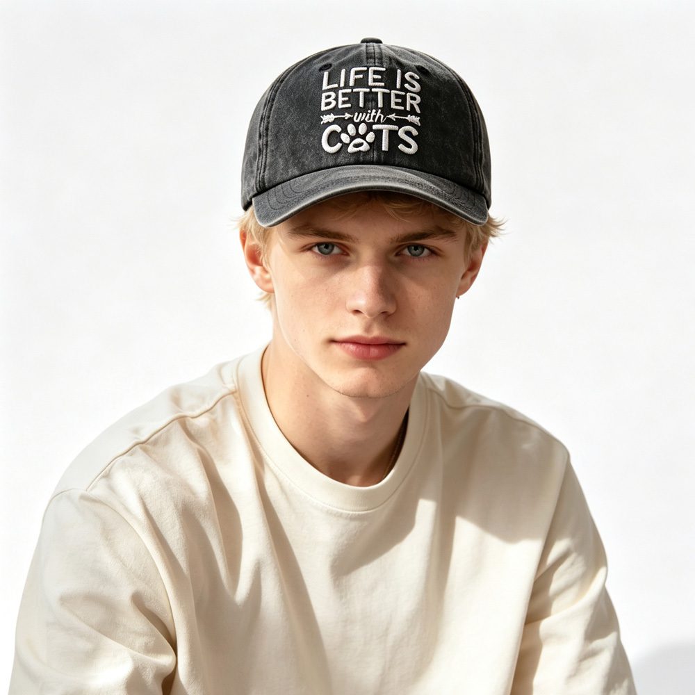 2pcs Washed Distressed Baseball Cap, Life Is Better With Cats Embroidery Vintage Cotton Hat, Cute Cat Paw Print Casual Hat For Cat Lovers - Image 3
