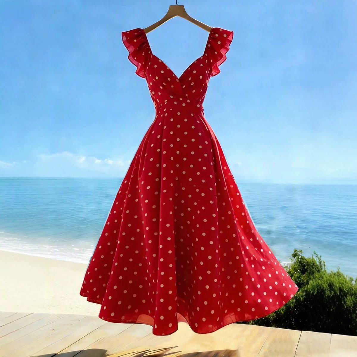 Womens Solid-Color Casual Resort V-Neck Ruffle-Trim Dress - Image 5