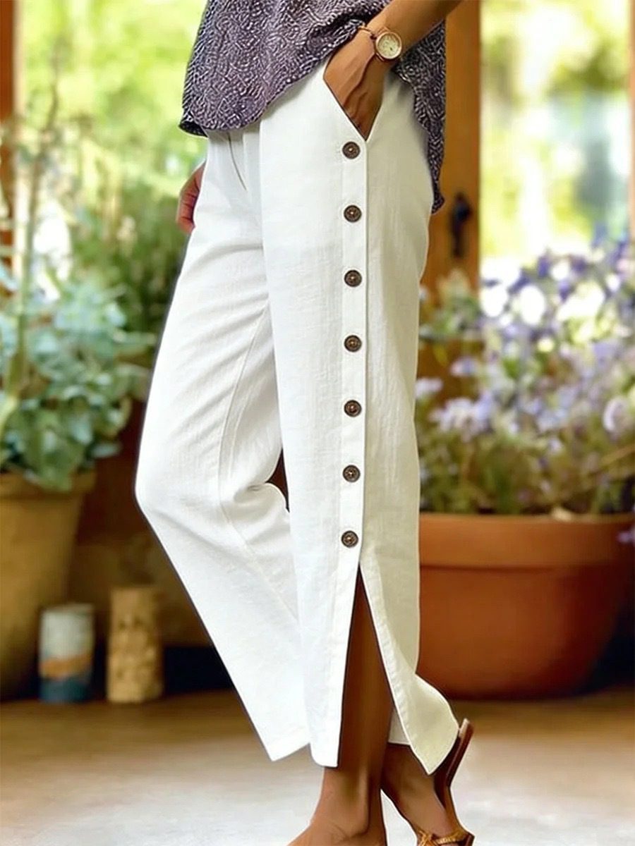 Breathable Button-detail Casual Straight-leg Cropped Pants - Image 3