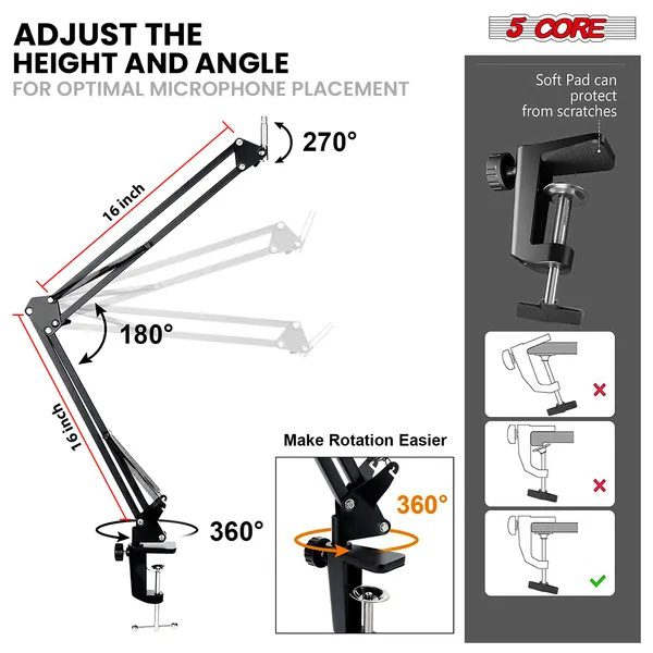 5 Core Microphone Arm Stand Upgraded Adjustable Suspension Boom Scissor Arm Mic Holder With Pop Filter 3/8" To 5/8" Adapter Mic Clip Shock Mount Cable Ties ARM SET 16 - Image 2