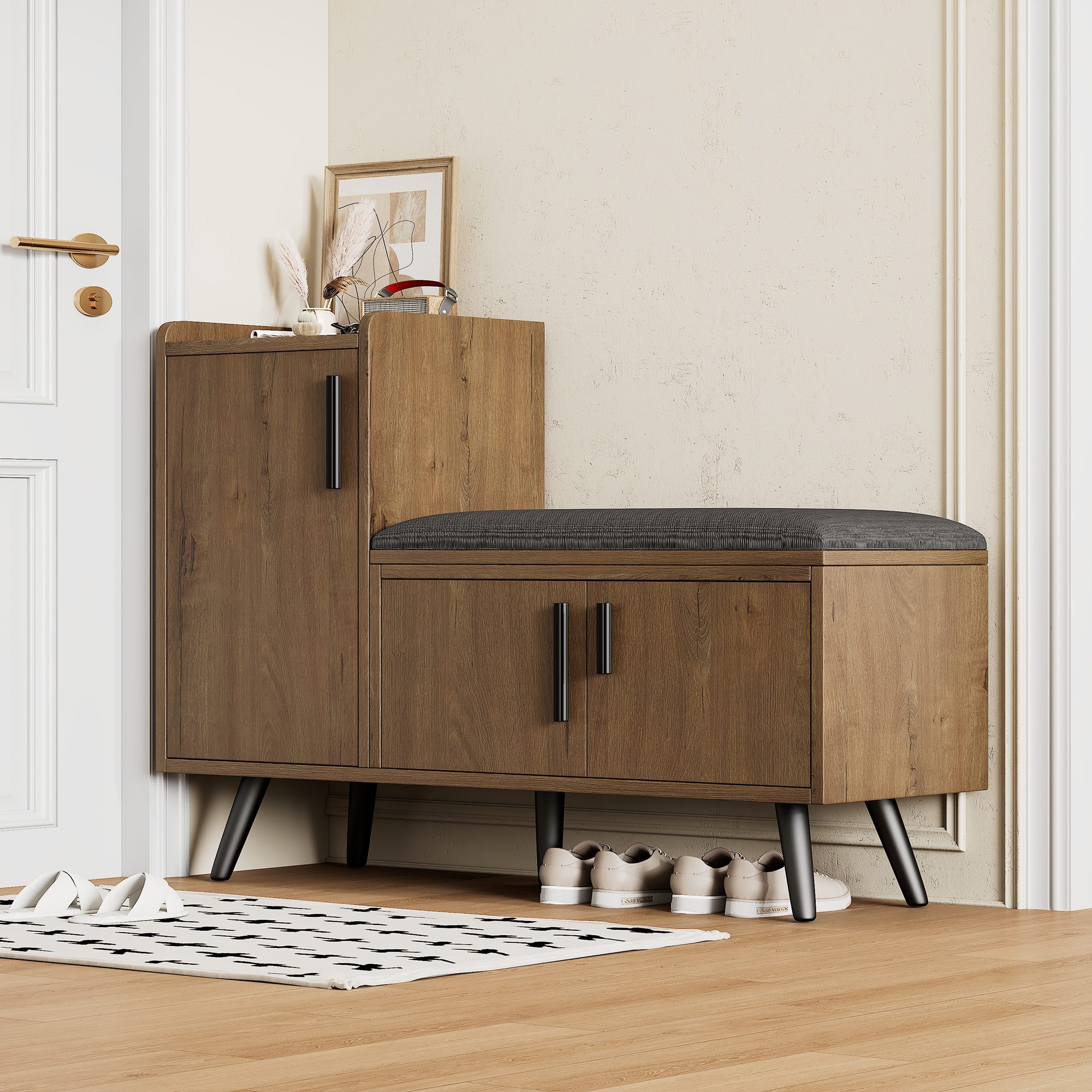 Modern Shoe Bench Storage Cabinet, Adjustable Storage Space For Boots Or Heels, Asymmetrical Metal Handles, Natural, 100 X 34 X 69 Cm - Image 2