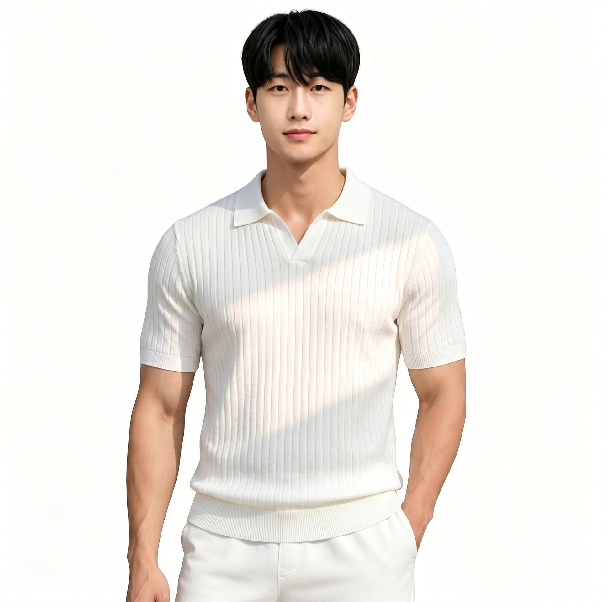 Notch-collar Striped Half-zip Knit T-shirt