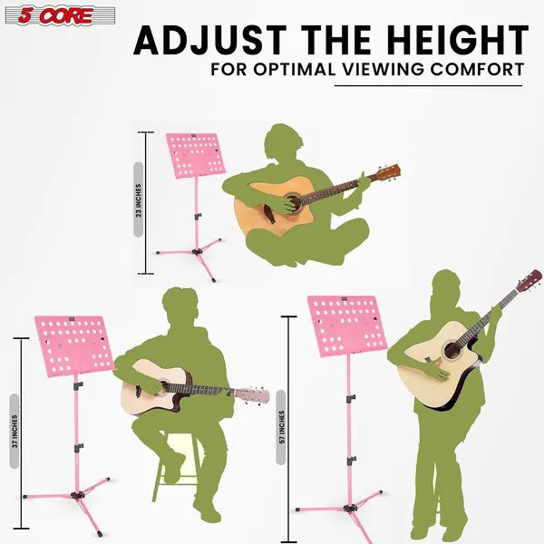 5 Core Music Stand For Sheet Music Height Adjustable Portable Folding Atril Para Partituras W Light Clip For Guitar Players Violinists Cellists Pianists - MUS FLD HD ACC PNK - Image 2