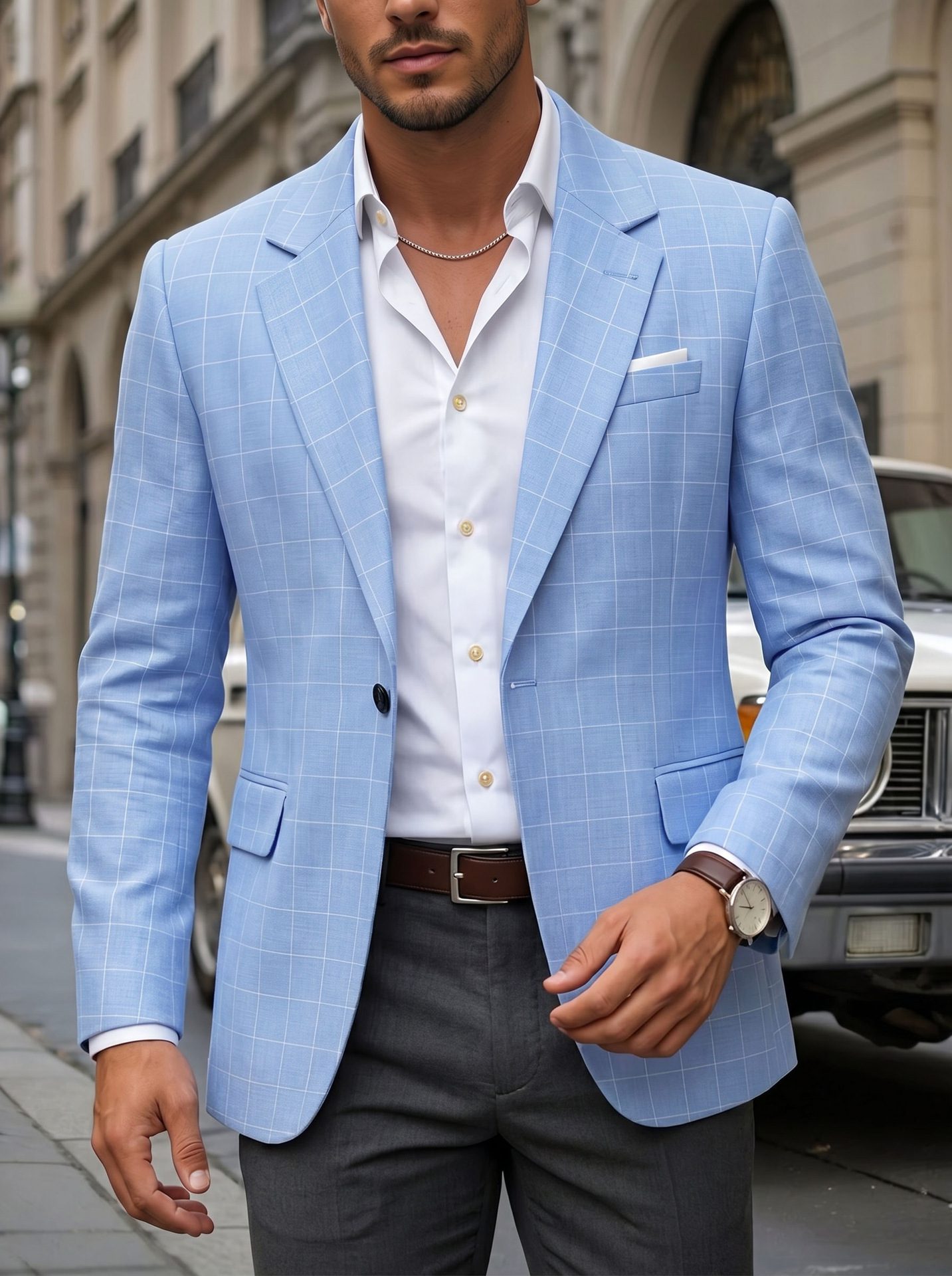 Mens Light Business-Style Plaid Suit Jacket - Image 6