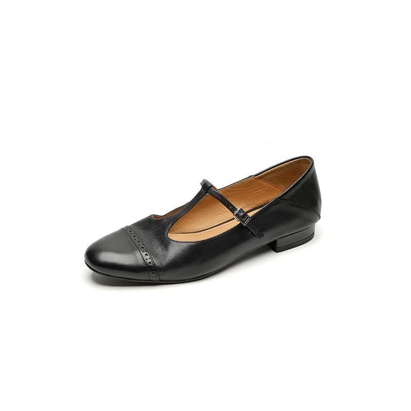 Women's T-shaped Buckle Old First Layer Cowhide Round Toe Flats - Image 5