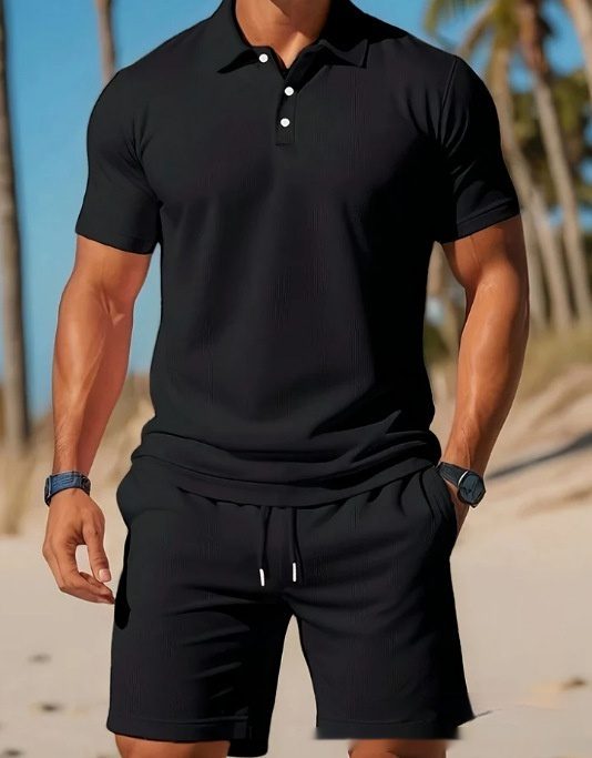 Men's Casual Beach Mesh Lapel Set Summer Comfortable Breathable Loose Solid-Color Sports Short-Sleeved Shirt And Shorts Set - Image 6