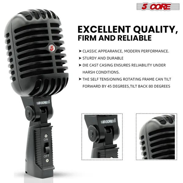 ميكروفون 5Core كلاسيكي عتيق ديناميكي احترافي XLR للاستوديو بتصميم ريترو، أسود - RTRO MIC BLK - الصورة 3