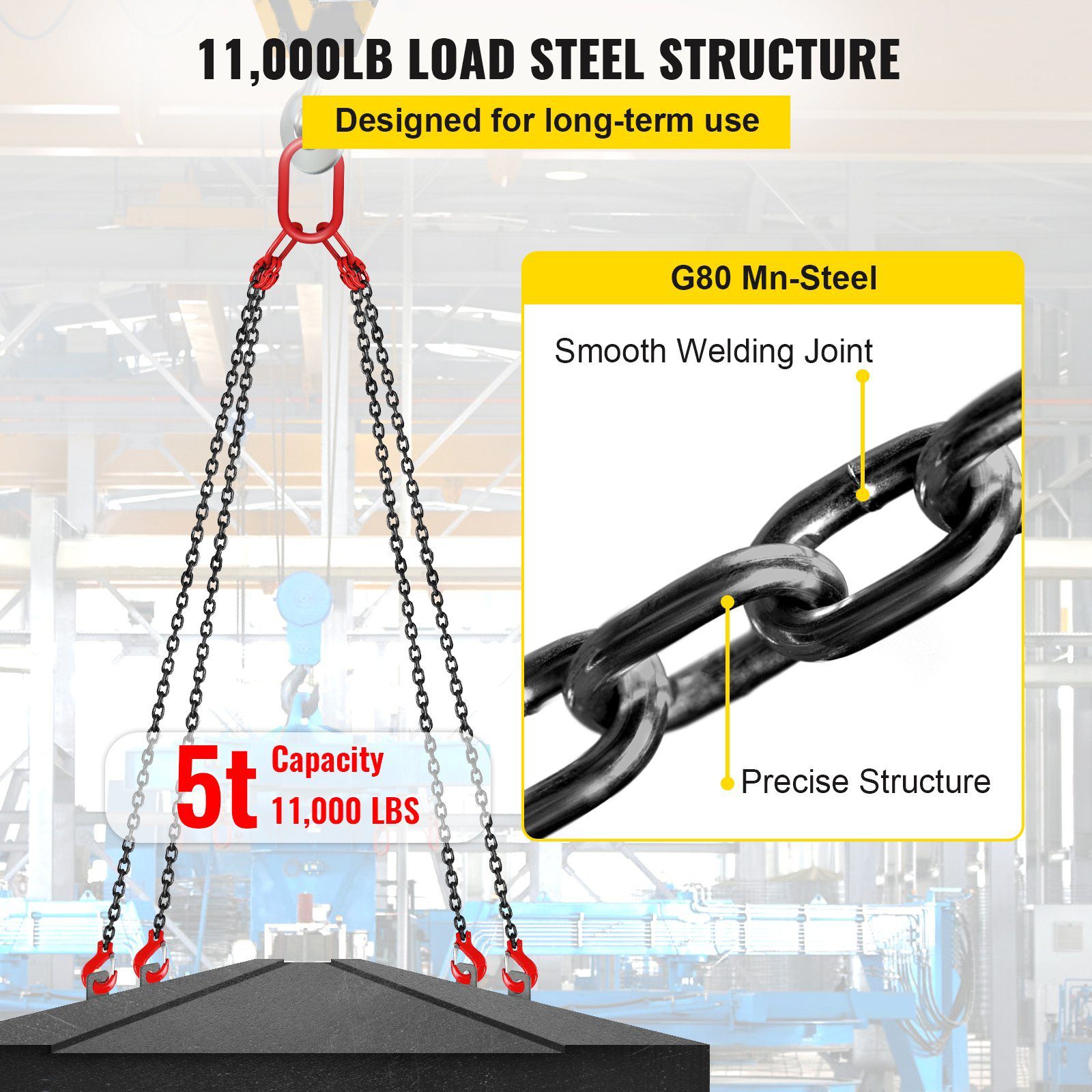 304.8 Cm Lifting Chain Sling, 7.9 Mm Hanging Lift Chain, 4989.5 Kg Capacity G80 Alloy Steel Engine Chain Hoist Lifts Heavy Duty 5 Ton With 4 Leg Grab Hooks And Adjuster - Image 3