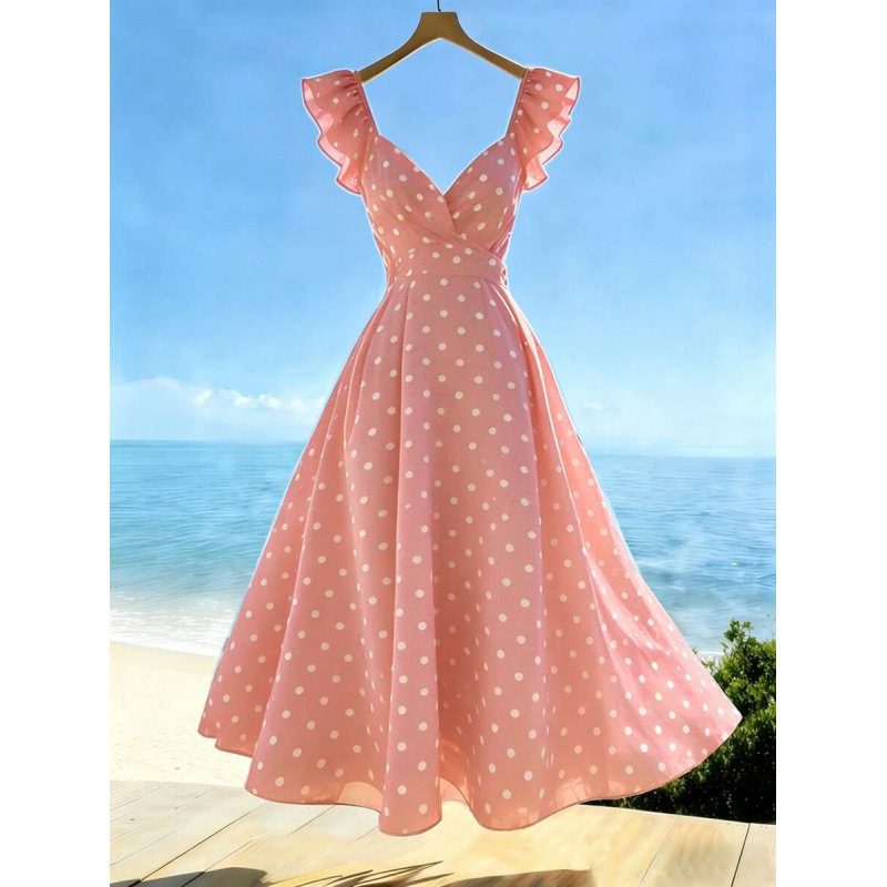 Womens Solid-Color Casual Resort V-Neck Ruffle-Trim Dress - Image 6