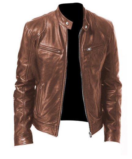 Men's Zip-up Cardigan PU Leather Jacket Fashion Pockets Stand Collar Short Tops Clothing - Image 9