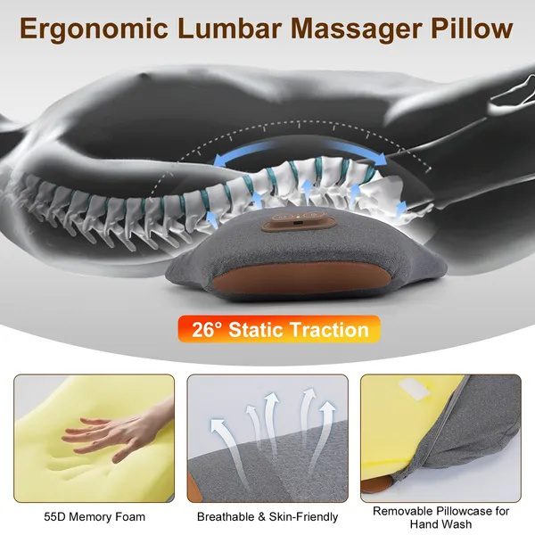 2 In 1 Electric Lumbar Massager Support Pillow Memory Foam Lower Back Massager With Heat Vibration Adapter For Pain Relief - Image 2