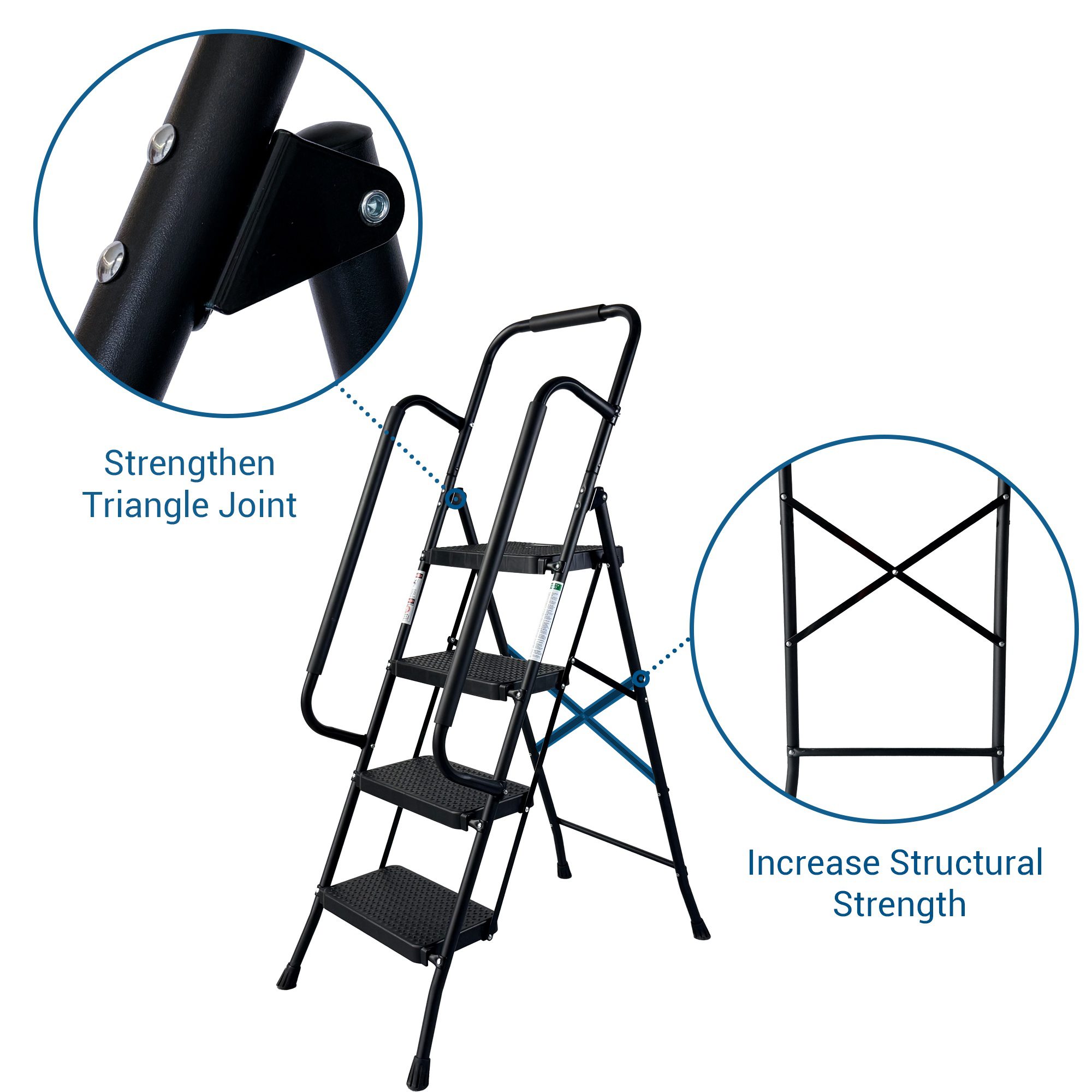 سلم 4 درجات، سلم قابل للطي مع دواسة عريضة مانعة للانزلاق، سلم فولاذي متين، مسند يد مريح، سلم خفيف الوزن وقابل للحمل من الفولاذ - الصورة 2