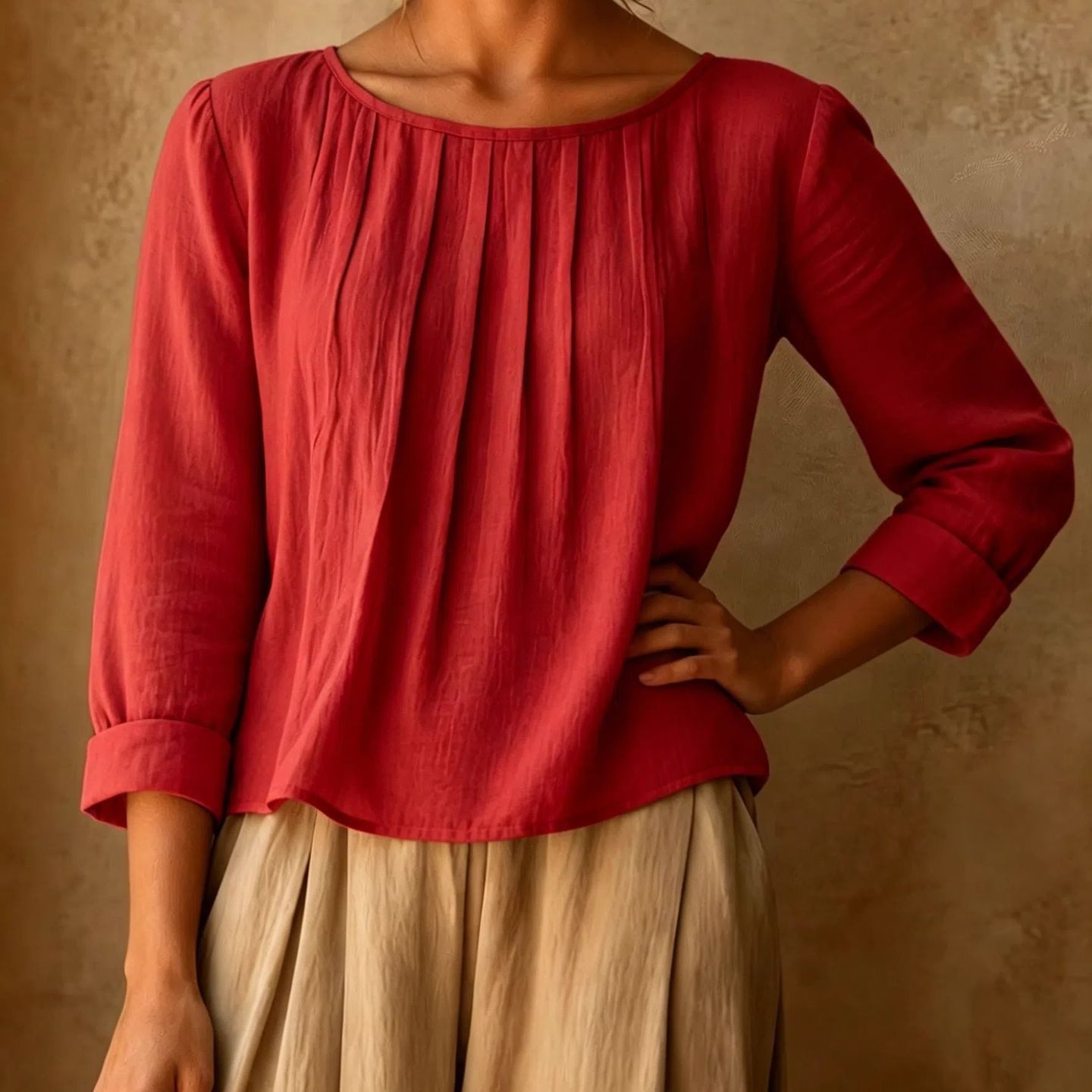Womens Cotton-linen Top Loose-fit Round-neck Shirt - Image 4