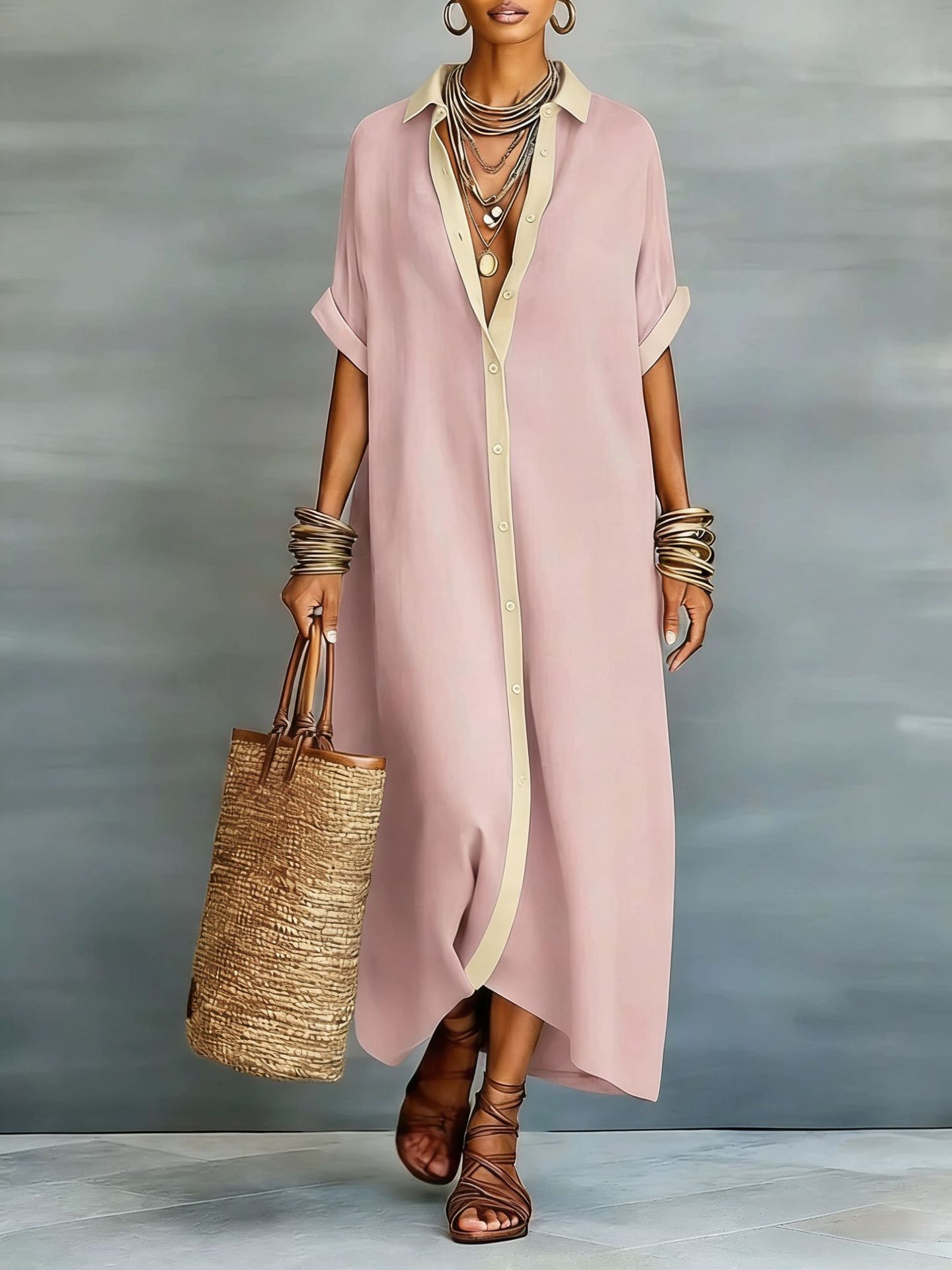 Color-blocked Loose And Linen Long Dress Fashionable And Casual Dress - Image 5