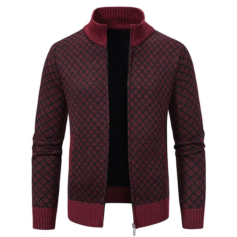 Thickened Plaid Print Jacket Cardigan Fashion Slim Fit Zipper Stand Collar Sweater Winter Men's Casual Long Sleeve Knitted Top Clothing - Image 8