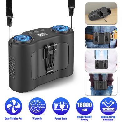 16000mAh 4 In 1 Dual Turbine Waist Clip Fan Wearable Personal Fan Hands Free With 5 Speeds LCD Display Lanyard Double As Power Bank For Jobsites Camping Hiking