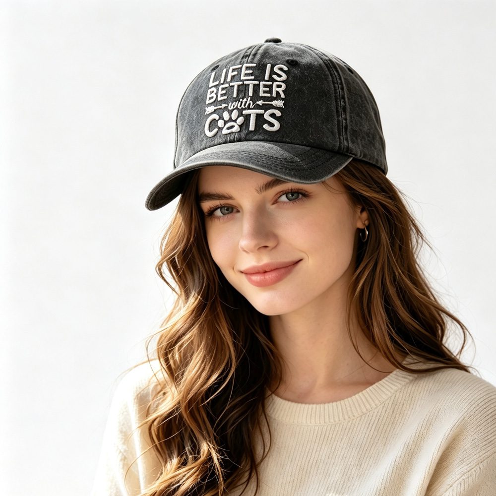 2pcs Washed Distressed Baseball Cap, Life Is Better With Cats Embroidery Vintage Cotton Hat, Cute Cat Paw Print Casual Hat For Cat Lovers - Image 9
