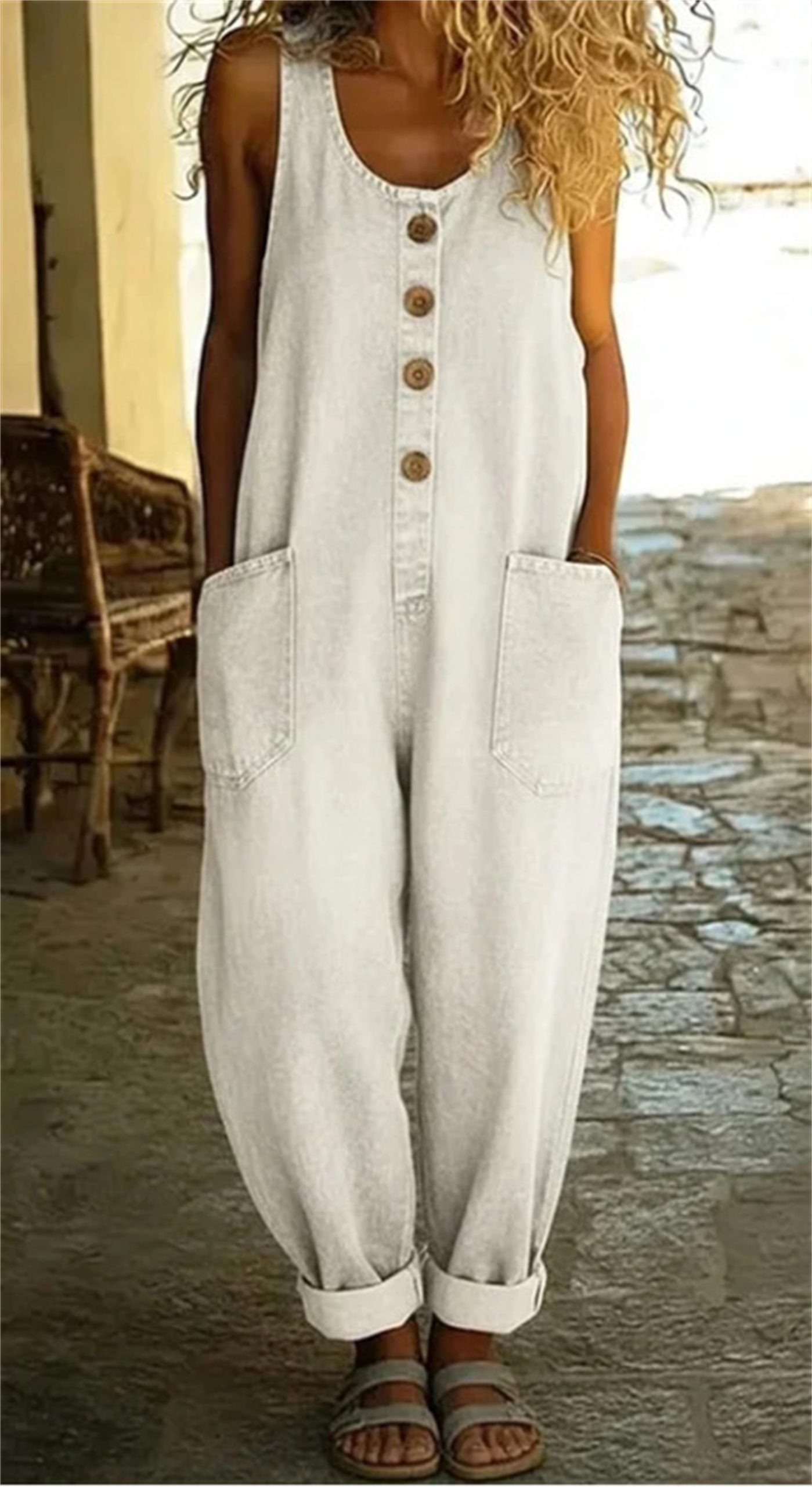 Womens Sleeveless Pocket Denim Jumpsuit - Image 2