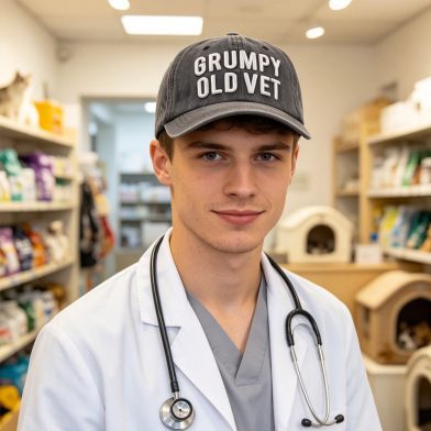 2pcs Grumpy Old Vet Embroidered Baseball Cap, Vintage Washed Grey Cotton Hat For Veterinarians Men Women