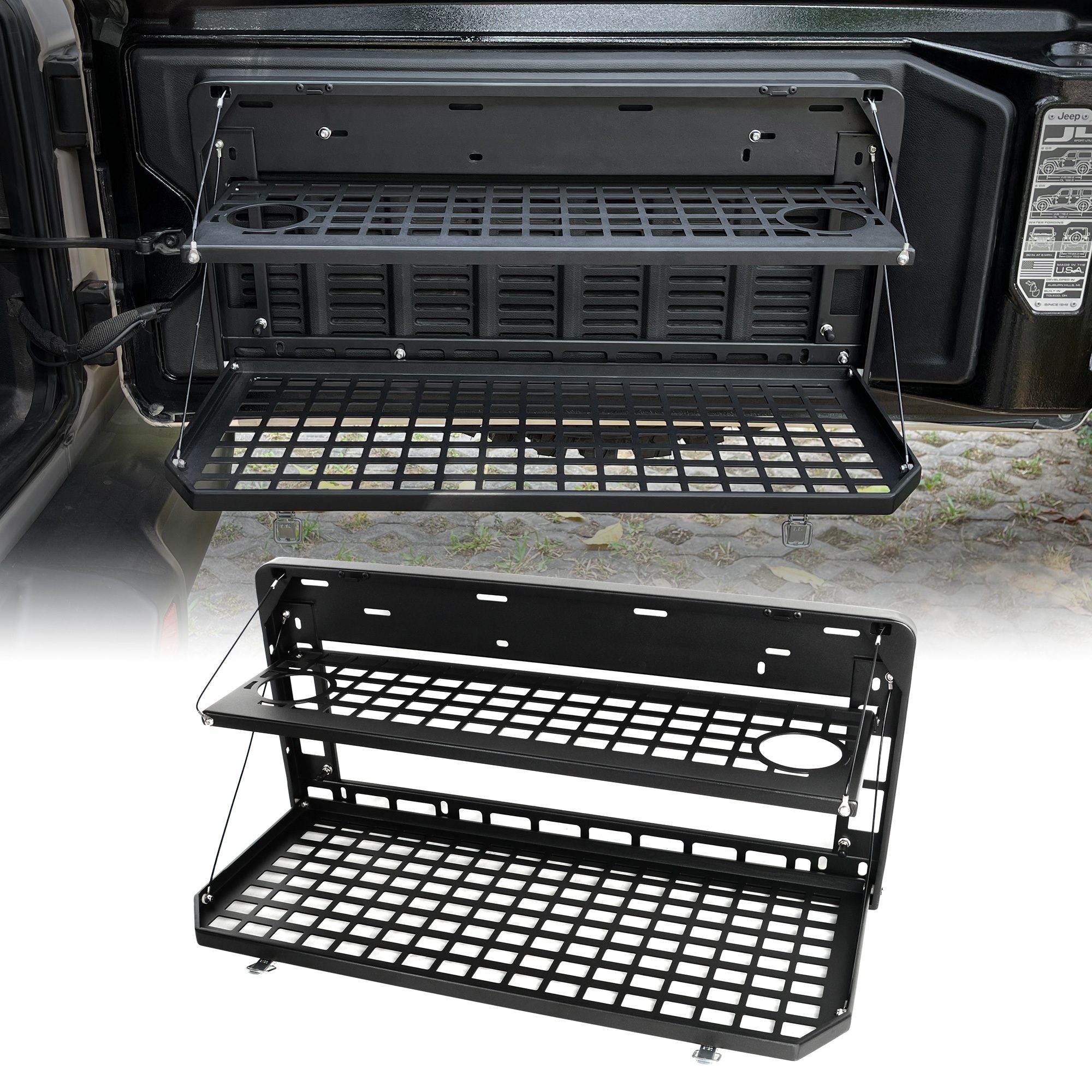 2-Tier Tailgate Table Rear Foldable Storage Cargo Rack Outdoor Camping Desk for 2007-2026 Jeep Wrangler JK&JL 4 Door (Not Fit JK Models with Stock Subwoofer) - Image 2