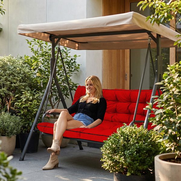 Outdoor Swing Cushions 55 Inch,Waterproof 4in Thick Porch Swing Cushion Replacement With Backrest And Ties,Comfortable 2-3 Seat Pation Swing Pad For Backyard,Garden,Lawn,Outdoor Furniture Red - Image 2