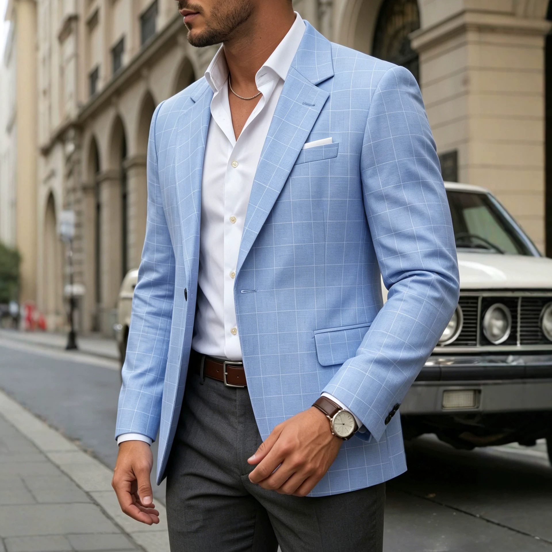 Mens Light Business-Style Plaid Suit Jacket - Image 3