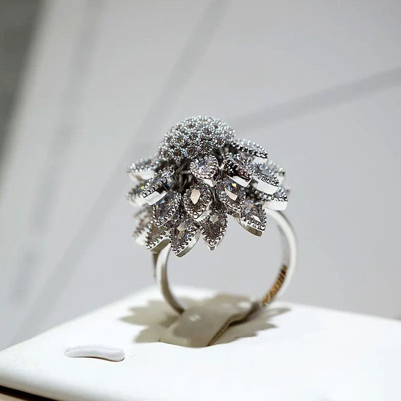 Flower Adjustable Open Silvery Ring For Women, Trendy Elegant Unique Cubic Zirconia Enamel Front Open Floral Leaf Easter Jewelry Gift-flower - Image 4