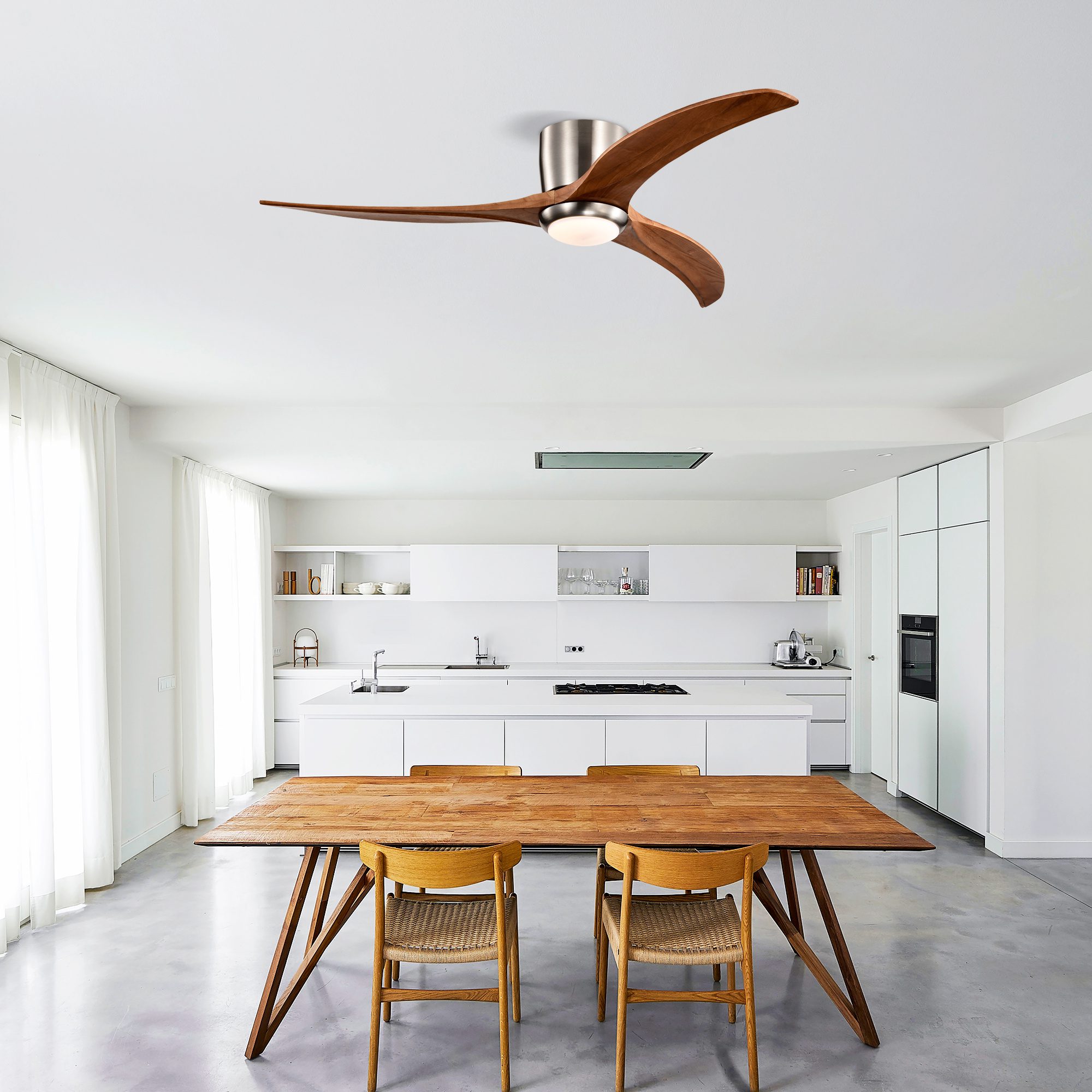 مروحة سقف مقاس 52 بوصة بتصميم Flush Mount مع إضاءة، مزودة بـ 3 شفرات من الخشب الصلب، مع جهاز تحكم عن بُعد، محرك DC هادئ، 6 سرعات، دوران عكسي، مناسبة للفناء وغرفة المعيشة وغرفة النوم والمكتب وللاستخدام الداخلي، بتشطيب نيكل ساتان - الصورة 4