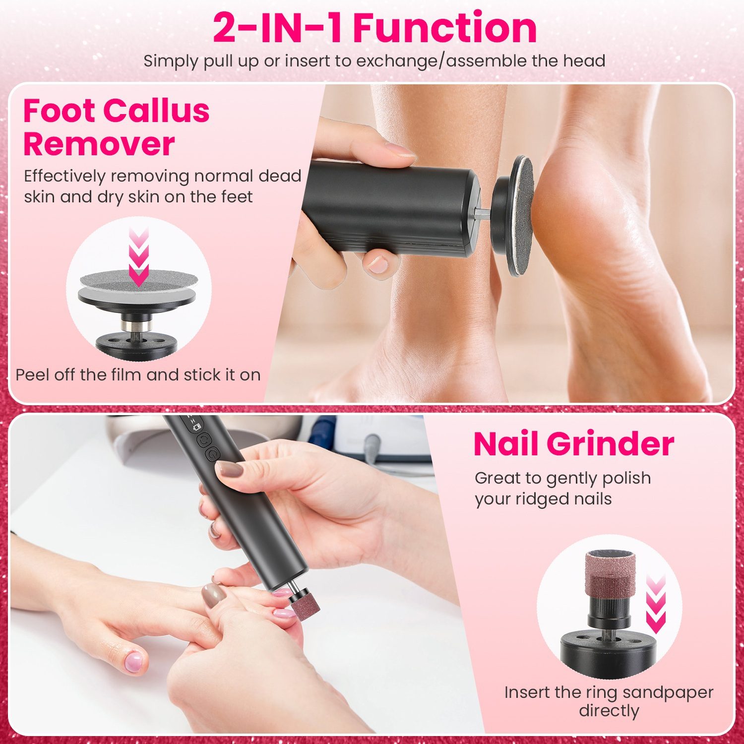 2 In 1 Electric Foot Callus Remover Nail Grinder Feet Care Kit For Women Rechargeable Foot File With 40 Sanding Discs Bands For Dead Skin Cracked Heels Home Salon Use - Image 3