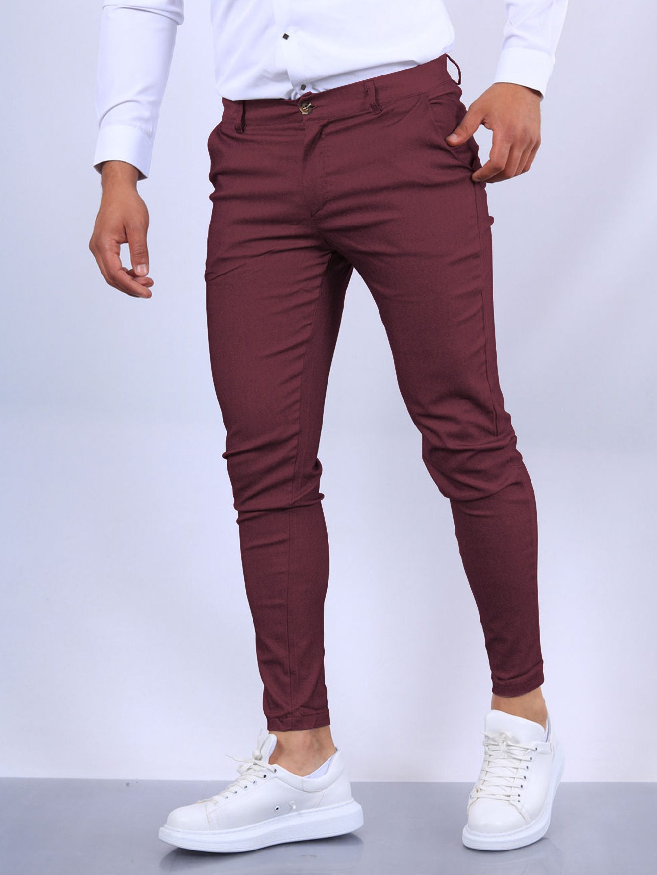 Men's Slim Button Trousers Fashion Solid Office Versatile Long Pencil Pants - Image 2