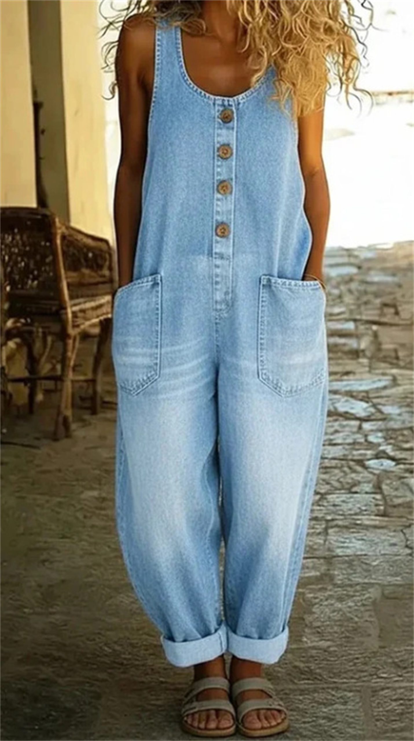 Womens Sleeveless Pocket Denim Jumpsuit - Image 4