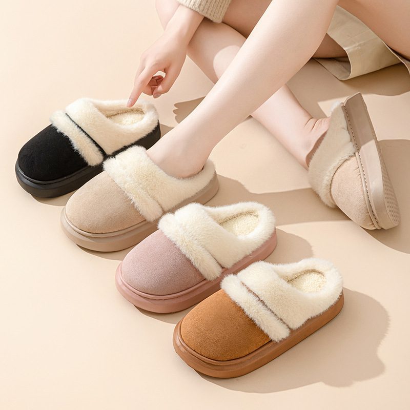 Fashion Warm Cotton Slippers For Women Leisure Thick Bottom Non-slip Plus-velvet House Shoes Winter Bedroom Floor Suede Slipper - Image 4