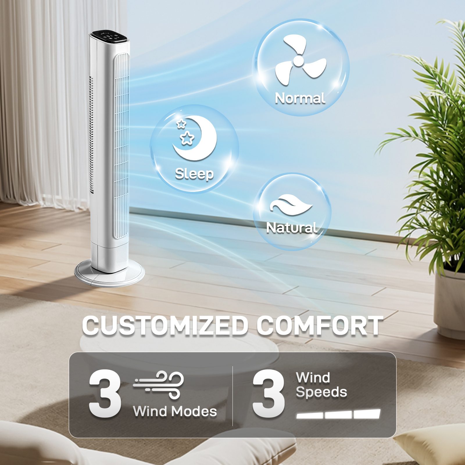 36 Inch Tower Fan, 110V 45W Quiet Cooling Column Fan With Copper Motor, Touch & Remote Control, 3 Speeds 3 Modes, 9H Timer, Wide Oscillating Standing Fan For Bedroom Office Home - Image 4
