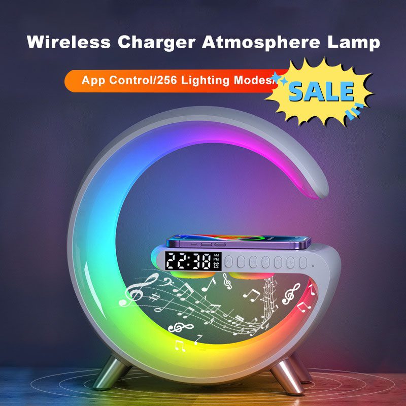 مصباح LED ذكي بتصميم G مع مكبر صوت بلوتوث وشاحن لاسلكي، مصباح أجواء بتحكم عبر التطبيق لغرفة النوم وديكور المنزل