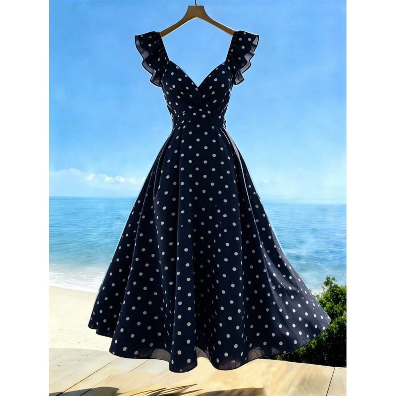 Womens Solid-Color Casual Resort V-Neck Ruffle-Trim Dress - Image 2