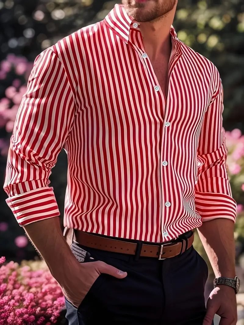 Ins Stripe Printed Long Sleeve Shirt Men Fashion Casual Lapel Button Top Clothing - Image 7