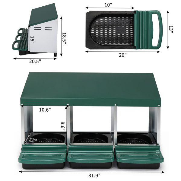 3 Compartment Roll Out Chicken Nesting Box With Plastic Basket, Egg Nest Box Chicken Laying Box Hens Chicken Coop Box, Green - Image 3