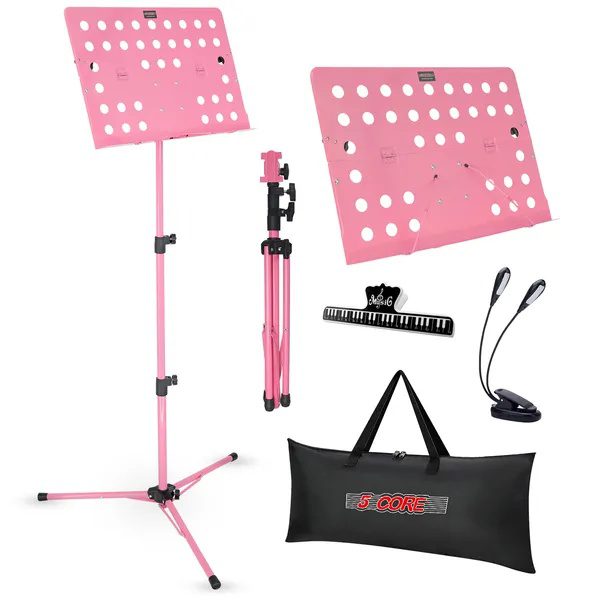 5 Core Music Stand For Sheet Music Height Adjustable Portable Folding Atril Para Partituras W Light Clip For Guitar Players Violinists Cellists Pianists - MUS FLD HD ACC PNK
