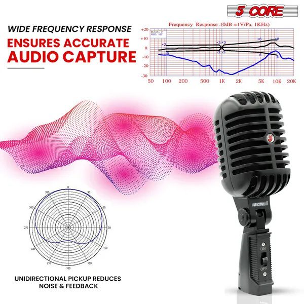 ميكروفون 5Core كلاسيكي عتيق ديناميكي احترافي XLR للاستوديو بتصميم ريترو، أسود - RTRO MIC BLK - الصورة 2