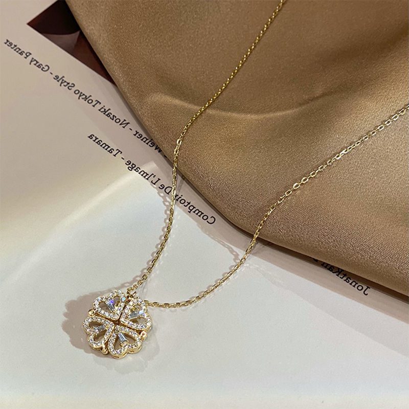 Retro Magnetic Folding Heart Shaped Four Leaf Clover Pendant Necklace Women Love Clavicle Chain Gifts Openable Choker Jewelry - Image 6