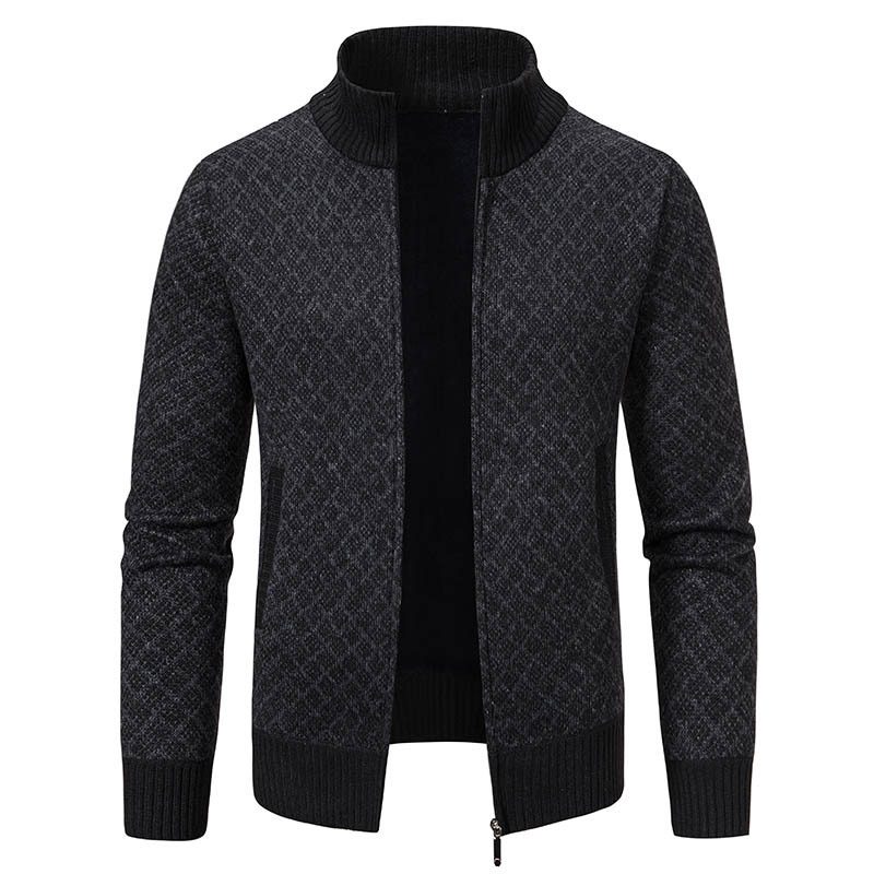 Thickened Plaid Print Jacket Cardigan Fashion Slim Fit Zipper Stand Collar Sweater Winter Men's Casual Long Sleeve Knitted Top Clothing - Image 6