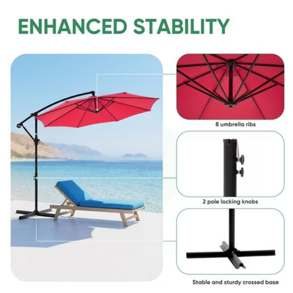 Outdoor Patio Umbrella, 10ft Offset Hanging Patio Umbrella With Aluminum Stand, 8 Ribs, UV Protection For Pool Garden Backyard Market, Red Shipment From Walmart - Image 5