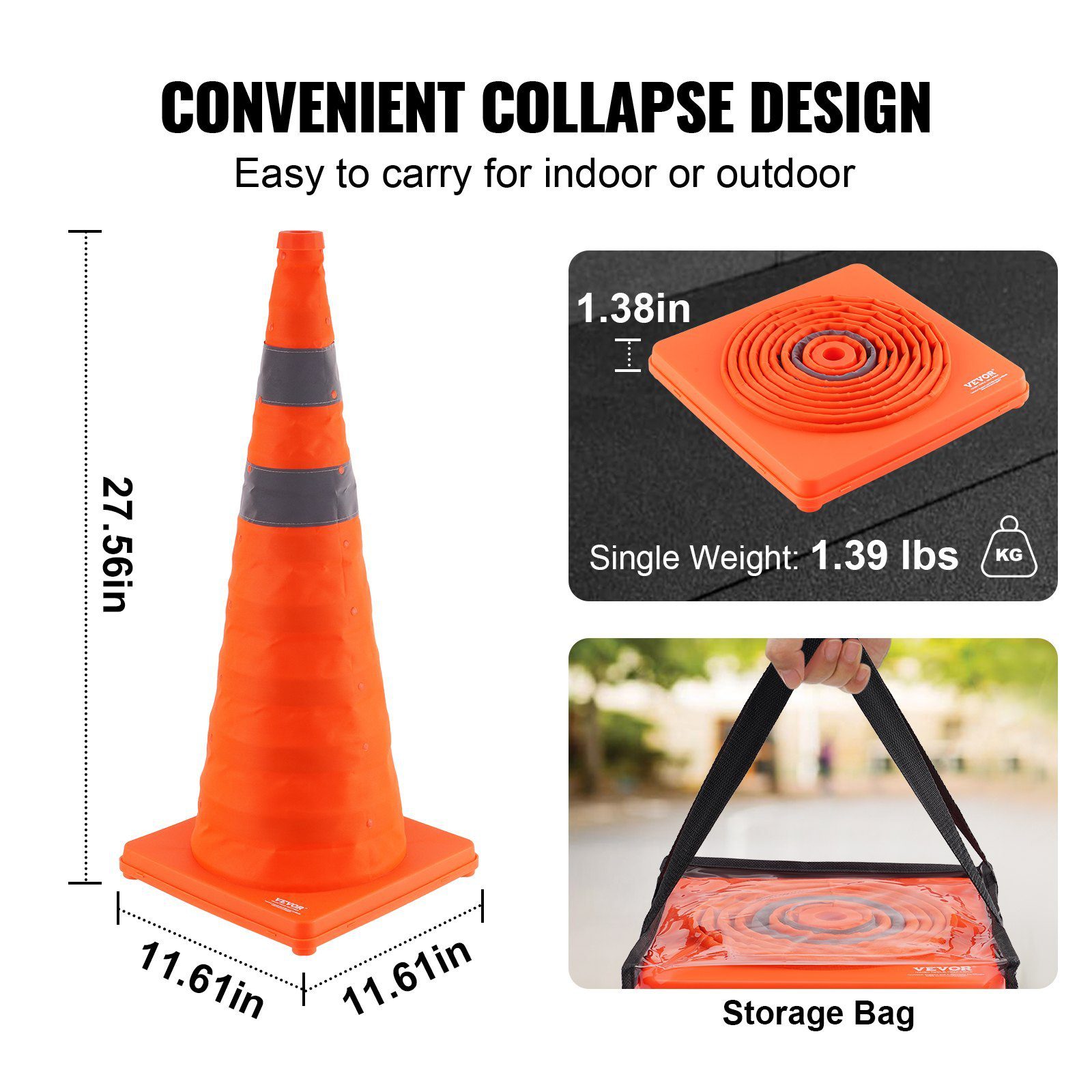 Safety Cones, 4 Pack 28 Inch Collapsible Traffic Cones, Construction Cones With Reflective Collars, Wide Base And A Storage Bag, For Traffic Control, Driving Training, Parking Lots - Image 3