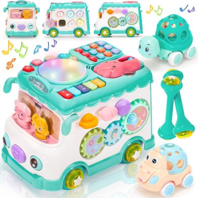 Baby Activity Bus Toy Set 6-in-1 Multifunctional Musical Learning Bus Includes Mini Car & Building Blocks Early Educational Toy For Toddlers Ages 1-3