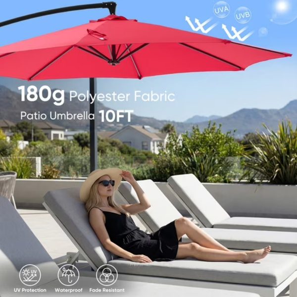 Outdoor Patio Umbrella, 10ft Offset Hanging Patio Umbrella With Aluminum Stand, 8 Ribs, UV Protection For Pool Garden Backyard Market, Red Shipment From Walmart - Image 6