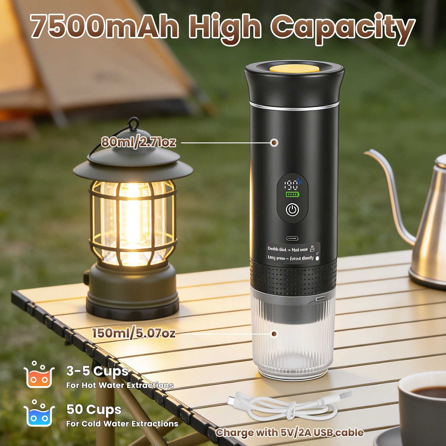 3 In 1 Portable Espresso Machine Cordless Mother Day Self Heating Coffee Maker With 7500mAh Battery Heating 20Bar Pressure Anti Dry Burn Fit For Ground Coffee Capsules For Camping Hiking RV Home - Image 3