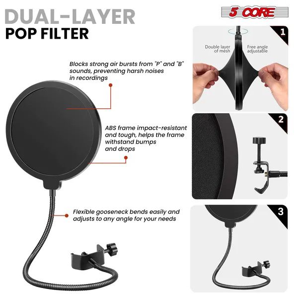 5 Core Microphone Arm Stand Upgraded Adjustable Suspension Boom Scissor Arm Mic Holder With Pop Filter 3/8" To 5/8" Adapter Mic Clip Shock Mount Cable Ties ARM SET 16 - Image 4