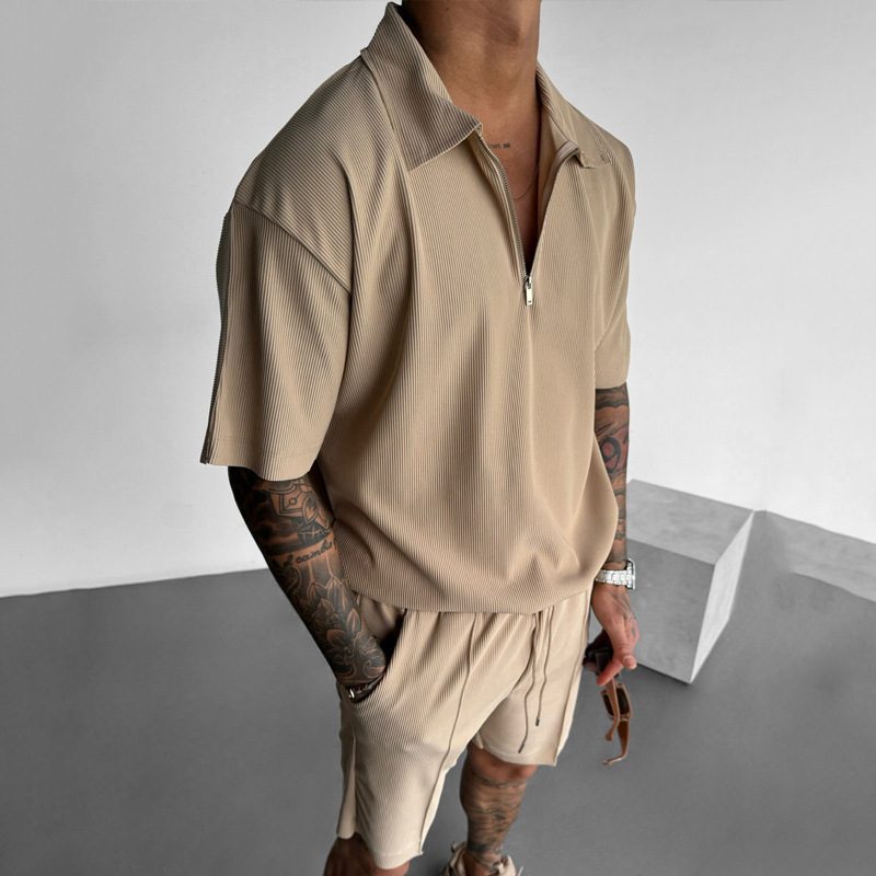 Summer Fashion Mens Clothing Men's Suits New Zipper Polo Casual Short Sleeve Drawstring Shorts Men's Set - Image 4
